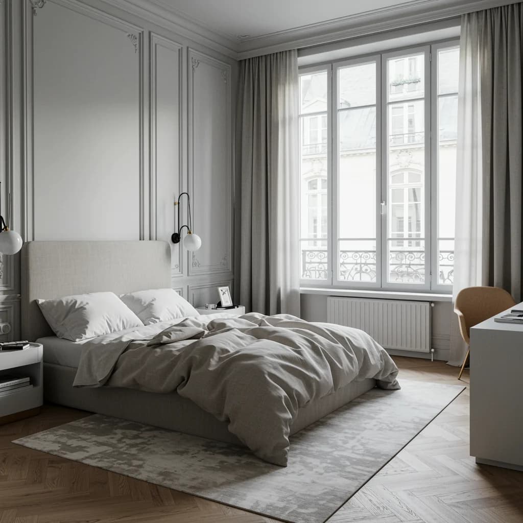 Fenêtre PVC anthracite dans une chambre parisienne contemporaine