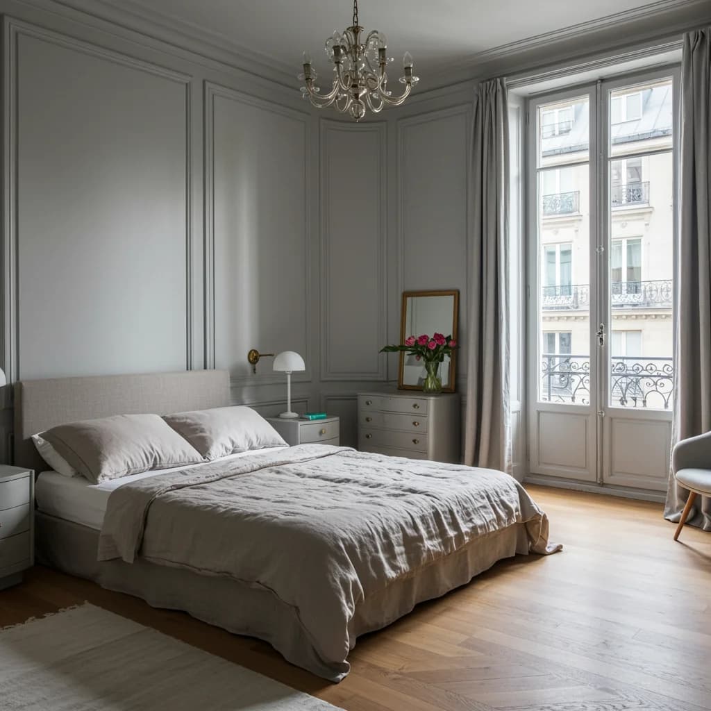 Fenêtre PVC anthracite dans une chambre parisienne, ambiance cosy