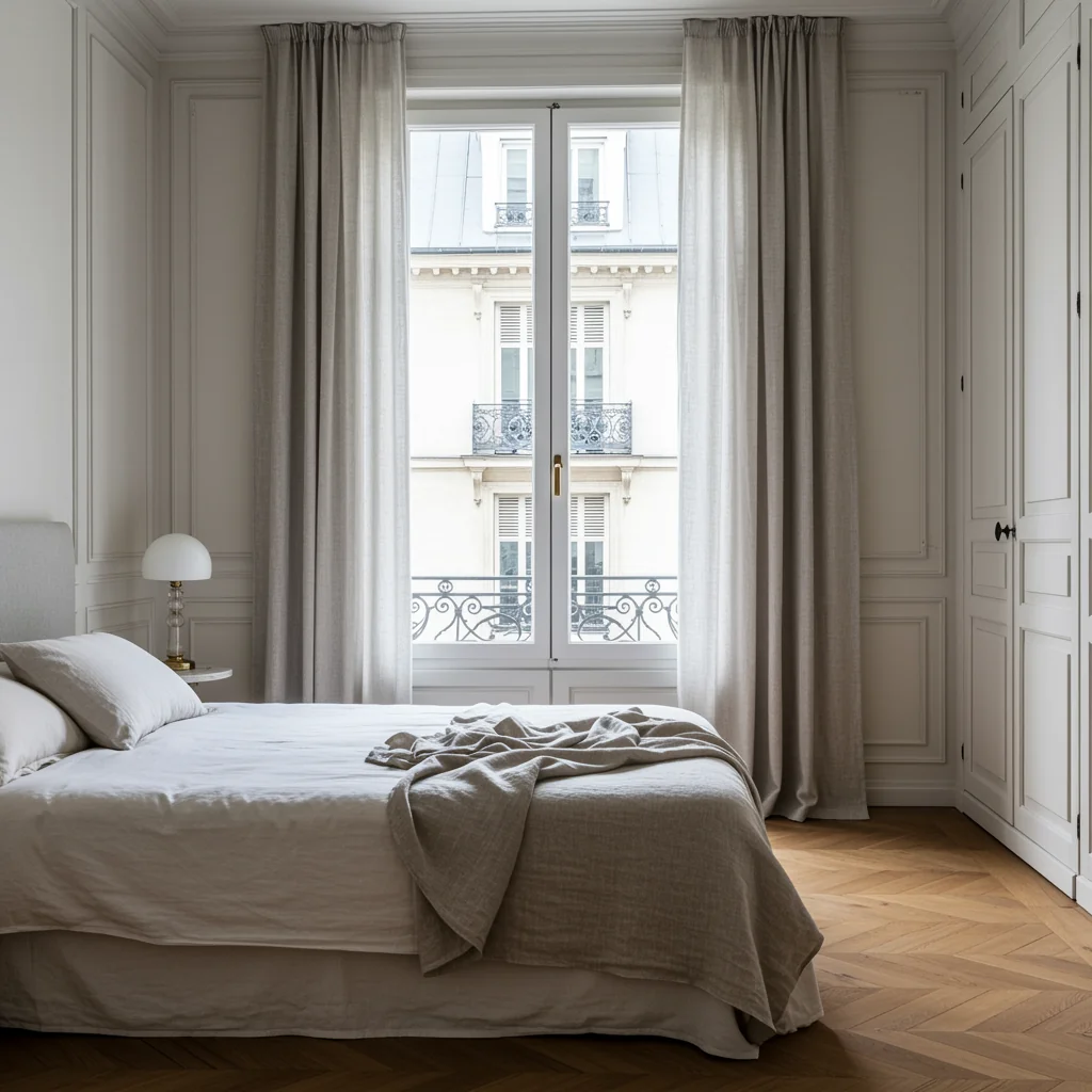 Fenêtre PVC anthracite dans une chambre sereine au décor neutre