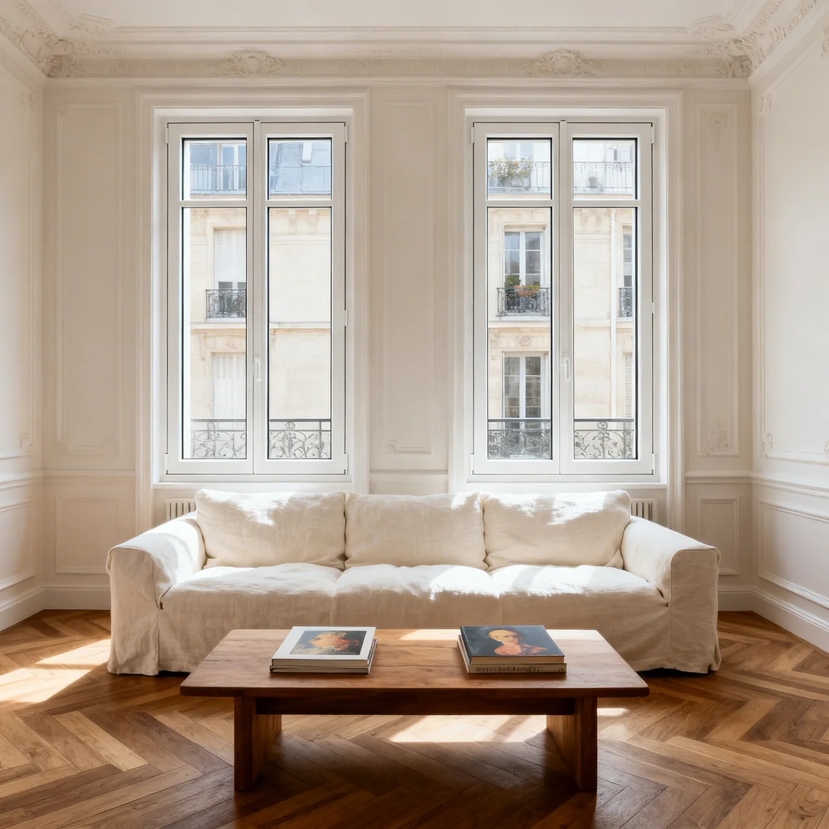 Fenêtre blanche PVC dans un salon parisien, vue intérieure