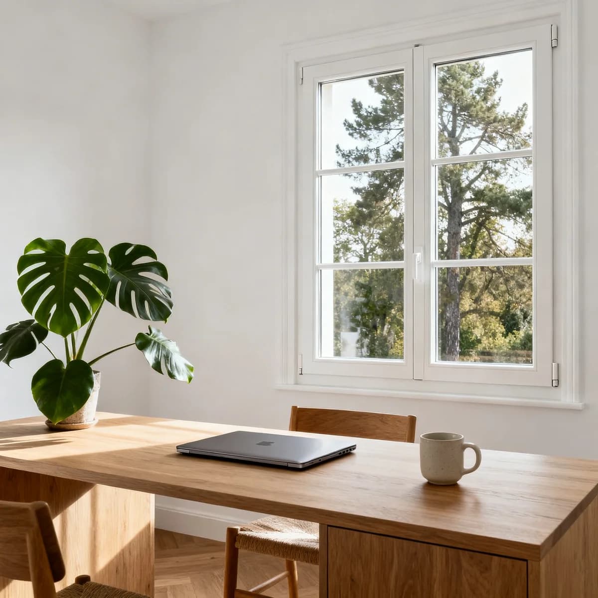 Fenêtre blanche PVC dans un bureau, lumière tamisée