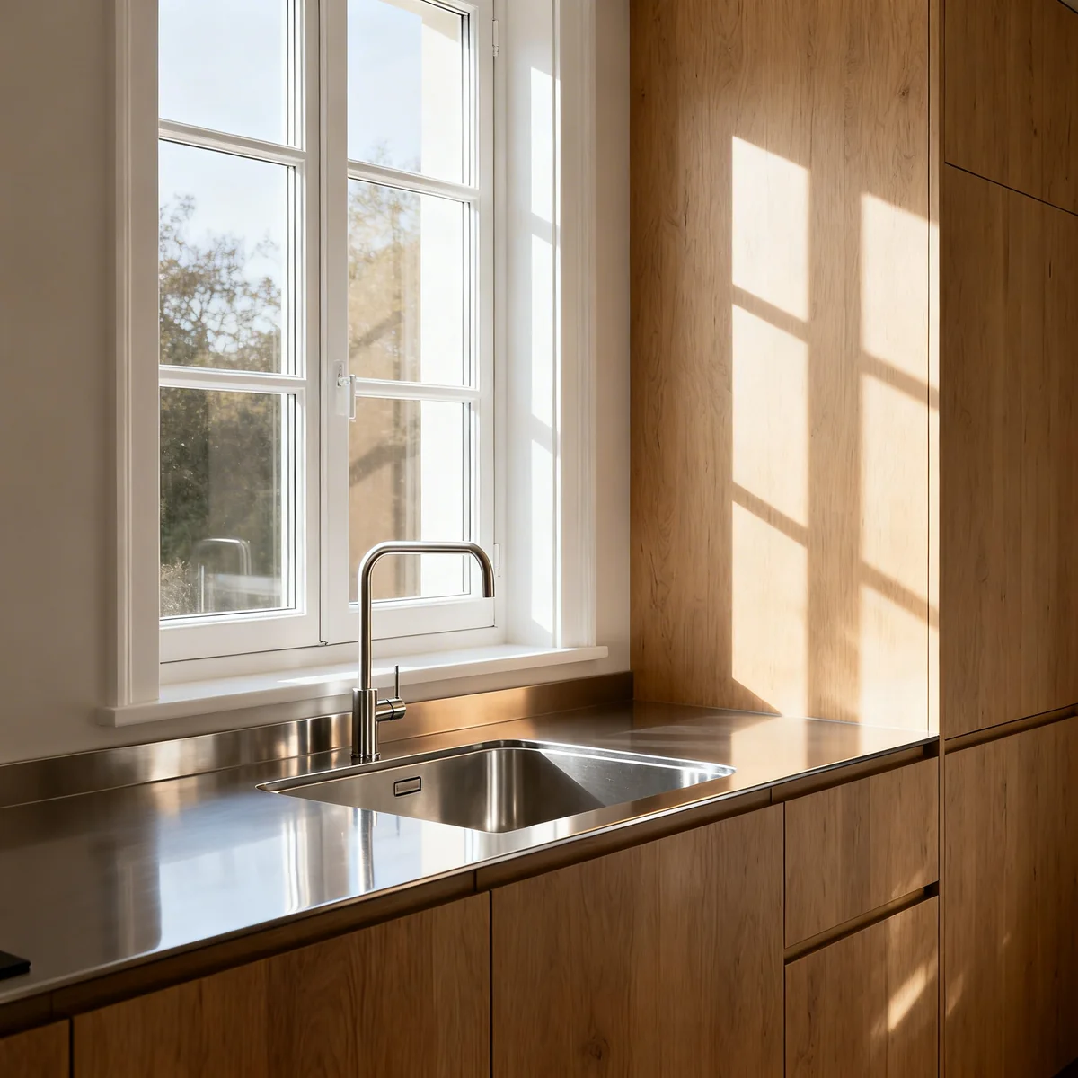 Fenêtre blanche PVC dans une cuisine rénovée