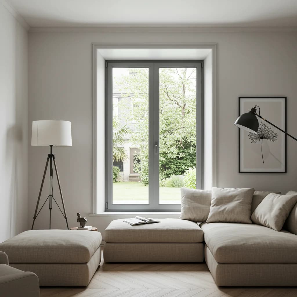 Fenêtre blanche PVC dans un salon raffiné, lumière du soir