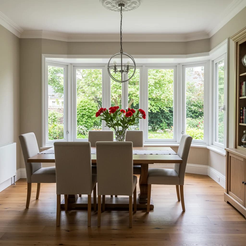 Fenêtre PVC finition chêne doré dans une salle à manger élégante