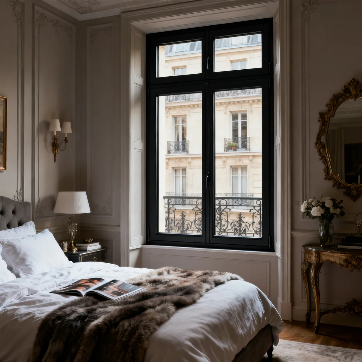 Fenêtre PVC noir dans une chambre de luxe, contraste graphique