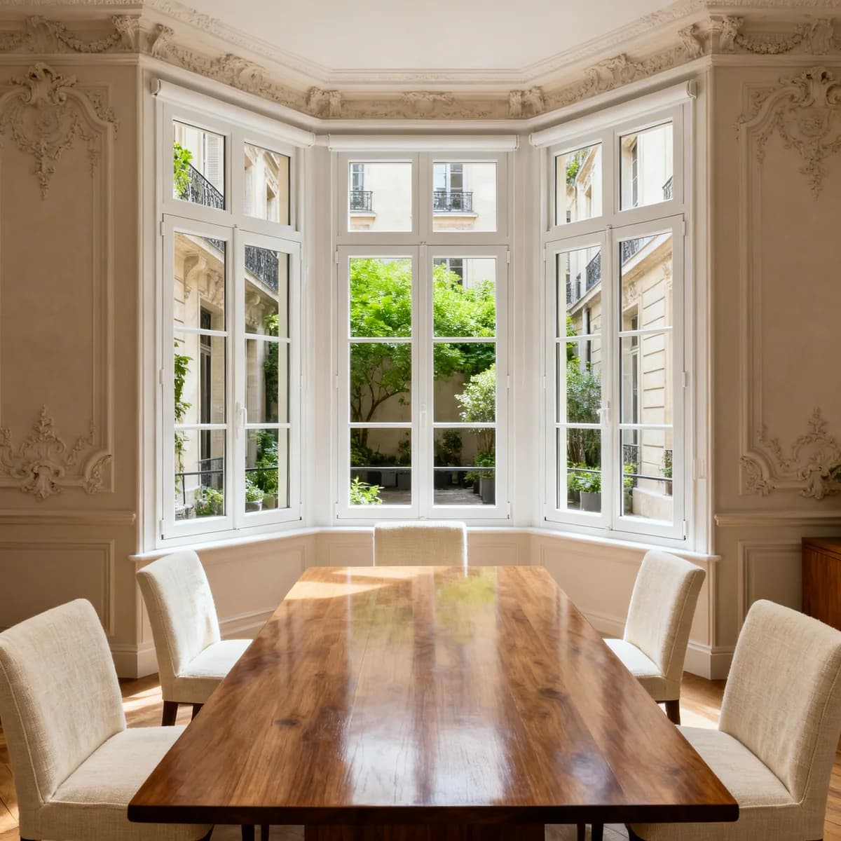 Ambiance d'une salle à manger parisienne lumineuse avec fenêtres PVC