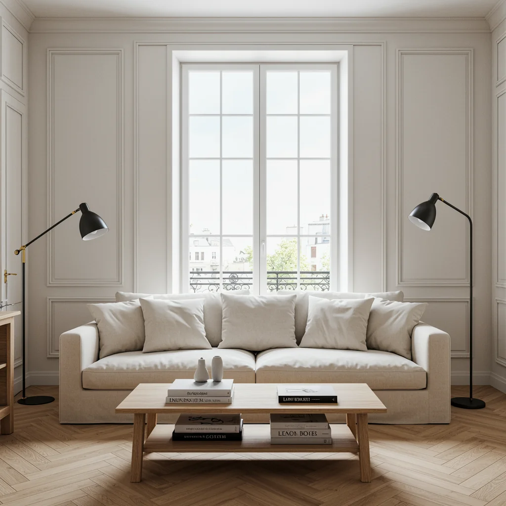 Salon parisien avec fenêtres PVC, lumière douce en fin d'après-midi